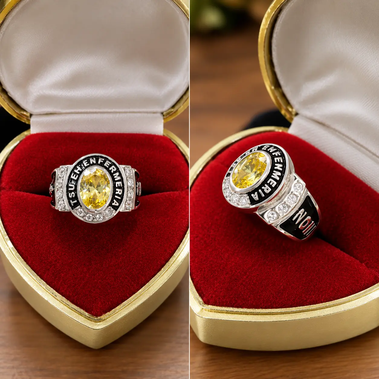 Anillo de Enfermería con piedra amarilla y circones, en estuche de corazón
