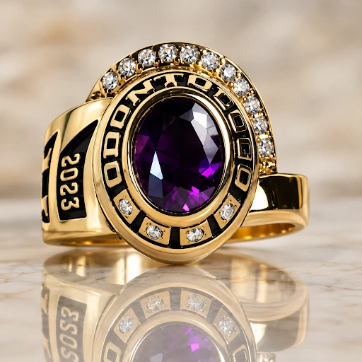 Anillo de graduación en oro con piedra morada y circones