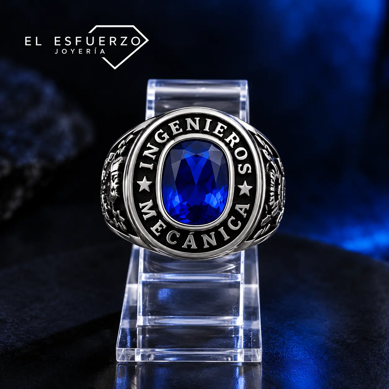 Anillo de grado de Ingeniería Mecánica con piedra azul